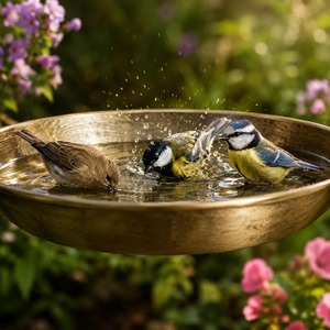 Mangeoire extérieure pour oiseaux en laiton moulé, double station d'eau et de nourriture, bain pour oiseaux sauvages avec support en laiton, pour patio - Product Image 1