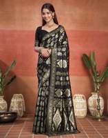 Sari en soie imprimé noir et or pour femmes, tenue de mariage traditionnelle style Inde Pakistan, longueur au sol, coupe classique