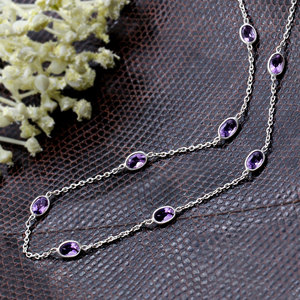 925 Sterling Silver Amethyst Station Necklace for Women <b>Gift</b> | Minimalist Purple Gemstone Chain Jewelry - Product Image 5