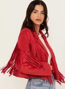 Red Faux Suede Fringe <b>Jacket</b> Women Cropped Open Front Notch Lapel Western Boho Coat Lightweight Microsuede Festival OEM - Product Image 2