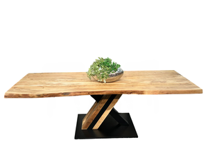 Table de salle à manger en bois d'acacia massif de 55 mm d'épaisseur avec bord naturel, style industriel moderne, base à piétement unique, pour cuisine et restaurant - Product Image 2
