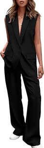 Women Sleeveless <b>Blazer</b> <b>Set</b> Solid Color Woven Fabric Notched Collar Button Front Regular Fit All Seasons Formal Two Piece Suit - Product Image 3