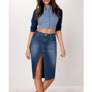 Elegent Hot Sale Dress & Skirts Custom logo Split Front Denim Midi Long Skirt in Blue for Women Ladies - Product Image 4