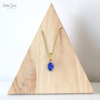 Pendentif de qualité supérieure en Tanzanite taille ronde 6x4mm et halo de diamants, en or massif 14 carats, double pierre de naissance, cadeau idéal pour la fête de Pâques