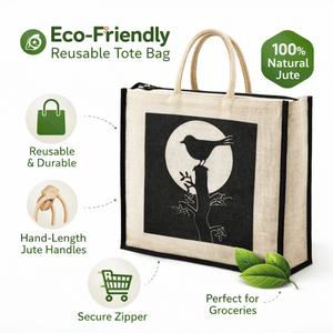 Bolsa de Mano Ecológica con Logotipo Personalizado, Asa Larga, Cierre de Cremallera, Tamaño Mediano, Estampado de Pájaros en Blanco y Negro, Reutilizable para Compras - Product Image 6