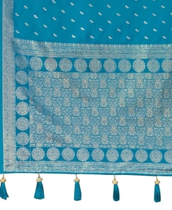 Sarees de Seda Jacquard Banarasi con Trabajo de Zari Tejido para Mujer KV, con Blusa Reversible Sin Coser (Azul) Otoño - Product Image 5
