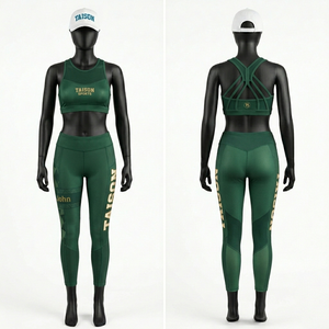 ชุดโยคะไร้ตะเข็บสำหรับผู้หญิง 240 GSM ไนลอนผสมสแปนเด็กซ์ สีเขียวไล่เฉด บราออกกำลังกายแบบไขว้หลัง กางเกงเลกกิ้ง พิมพ์ลายโลโก้ด้วยความร้อน - Product Image 5