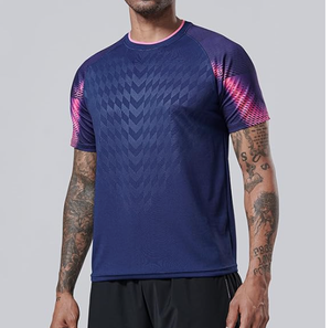 Camiseta deportiva de manga corta con estampado geométrico azul para hombre, cuello redondo, de secado rápido, tejido de punto, corte ajustado, longitud regular - Product Image 4