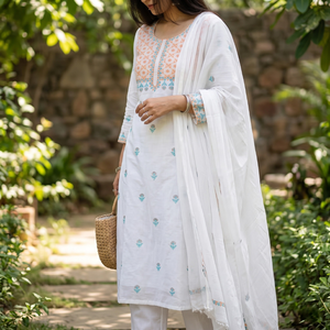 Handmade Women's <b>Chikankari</b> Cotton <b>Suit</b> with Sky Blue and Orange Embroidery Premium Set - Product Image 1
