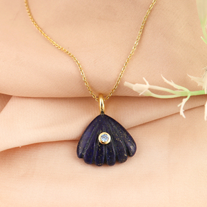 Natural stone lapis lazuli hand caved scallop shell pendant <b>with</b> tiny blue zirconia inlaid gold plated women jewelry necklace - Product Image 3
