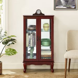 Vetrina Illuminata a 3 Ripiani Cherry con Ripiani Regolabili e Porte in Vetro Temperato, Pannello Posteriore a Specchio per Soggiorno - Product Image 5
