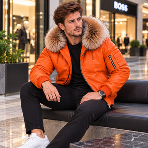 <b>Men's</b> Leather <b>Bomber</b> <b>Jacket</b> with Fur Hood | Giacca <b>Bomber</b> Uomo | Chaqueta Hombre | Blouson Homme | Herren Luxus Lederjacke - Product Image 5