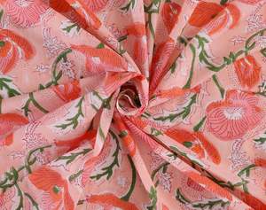 Tissu 100% Coton Imprimé Floral à la Main Motif Coquelicot Rose Pêche Vert pour Robes, Rideaux, Canapés, Costumes Filles Léger - Product Image 6