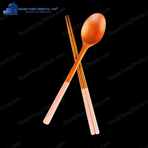 3 Piece <b>Wooden</b> Utensil Set with White Plastic Handles Natural Wood Spoon and <b>Chopsticks</b> Made in Vietnam - Product Image 5
