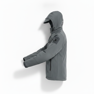 Men's Gray Hooded <b>Waterproof</b> PU Motorcycle <b>Jacket</b> With Front Logo Zipper Closure Solid Color Workwear Style <b>Winter</b> Wear - Product Image 3