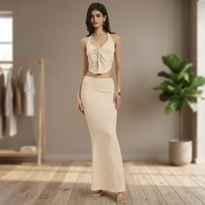 Textured Halter Neck Crop Top & Maxi <b>Skirt</b> Coord Set Cream Beige - Product Image 1