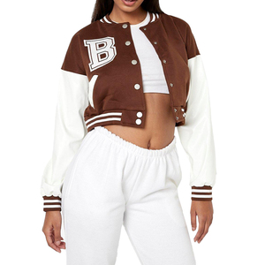 Chaqueta Varsity Unisex Marrón con Rayas Blancas, Material de Felpa, Corte Regular, Estilo Preppy, para Otoño - Product Image 4