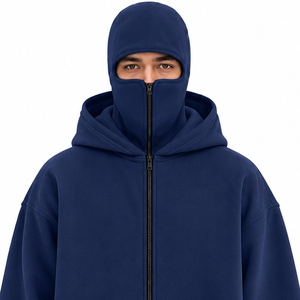 Veste à capuche double balaclava pour homme en polyester et coton, fermeture éclair intégrale, style décontracté avec capuche superposée – Vente en gros - Product Image 3