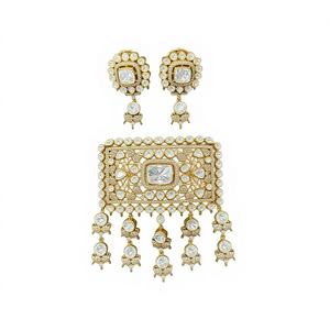 ชุดจี้และต่างหูทองคำ 22k แบบอินเดียโบราณ ดีไซน์ Polki Kundan สำหรับเจ้าสาว งานแต่งงาน มีจำหน่ายในสี ทอง/เงิน/ทองเหลือง - Product Image 1