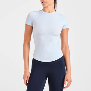 Camiseta de Punto de Manga Corta para Mujer, Color Sólido, Ajustada, Transpirable, que Absorbe la Humedad, Ropa Casual de Primavera/Verano, Venta al Por Mayor - Product Image 1