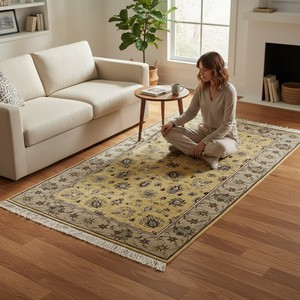Luxury Hand-Knotted Wool Gold & Olive Floral Area <b>Rug</b> Low Pile <b>Traditional</b> Oriental Home Carpet - Product Image 1