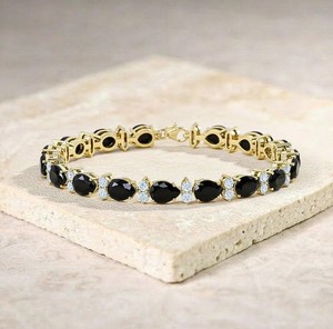 Pear Cut Moissanite and Black Onyx Stone <b>Charm</b> <b>Bracelet</b> in Sterling <b>Silver</b> Gold Plated Luxury Jewelry for Women Party Occasion - Product Image 1