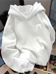 <b>Women</b> Black Hooded Sweatshirt with <b>White</b> Bow Print Front Logo Eco-Friendly Casual Winter Wear Polyester Knitted Full Sleeve - Product Image 2