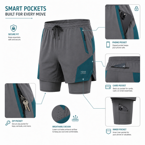 Shorts pour hommes à séchage rapide avec poches zippées, taille élastique, empiècements contrastants, double couche, design gris et turquoise, vente en gros - Product Image 5
