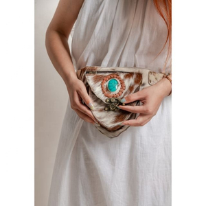 Luxury Bohemian Women's Leather Waist Bag With Animal Print Beaded Turquoise Decoration Button Closure Fanny Pack - Product Image 1