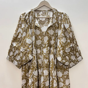 Vestido Casual Midi de Algodón Tejido con Estampado Floral para Mujer, Mangas Abullonadas, Cintura Imperio, Estilo Babydoll, Cuello en V, Corte Holgado - Product Image 4