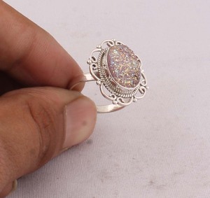 Natural Sparkly Druzy <b>Ring</b> 925 Sterling Silver Vintage Style Raw Crystal Agate <b>Ring</b> for Women Handcrafted <b>Boho</b> Statement Jewelry - Product Image 4