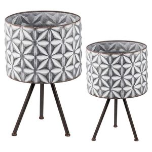 Modern Metal Flower Pots Set of 2 Galvanized Finish Geometric Pattern Indoor Planters Decorative Rustic Planters <b>Stand</b> Set - Product Image 1