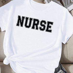 Camiseta Casual Estilo Universitario para Mujer, Cuello Redondo, Manga Corta, Estampado por Transferencia Térmica, Tejido de Poliéster de Punto, Marca NURSE - Product Image 3