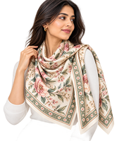 Écharpe carrée en soie pour femme, motif floral, marron crème, légère, toutes saisons, accessoire de tous les jours