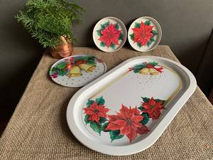 Metal Oval <b>Serving</b> Tray with Poinsettia Design Handpainted <b>Dishes</b> <b>Set</b> for Party Decor - Product Image 1