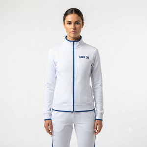 เสื้อแจ็คเก็ตแทร็คซิปเต็มตัวสีขาวสำหรับผู้หญิง ยี่ห้อฮอว์คอาย แต่งขอบสีน้ำเงิน พร้อมกระเป๋าข้าง ทรงสปอร์ต ใส่สบาย เหมาะสำหรับฤดูใบไม้ผลิ - Product Image 1