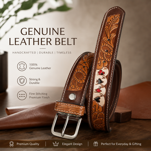 Premium Handcrafted Genuine <b>Leather</b> Belt for Men Floral <b>Tooled</b> Belt with Card Suit Inlay Pattern - Product Image 5