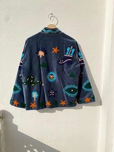 Chaqueta de terciopelo azul pizarra premium con bordado de motivos cósmicos y serpientes, hecha a mano, para mujer, ideal para festivales. - Product Image 5