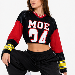 Jersey de Fútbol Americano Personalizado OEM para Mujer, Estilo Crop, Malla Transpirable, Corte Holgado, Manga Larga, Estilo Y2K, Ropa Urbana, Fabricante de Uniformes Deportivos - Product Image 5