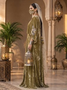 TrendsbyCP Olive Green Velvet Abaya Embroidered Kaftan <b>Modest</b> Floor Length Muslim <b>Dress</b> for Women - Product Image 5