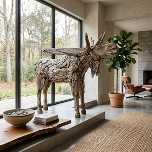 Handcrafted <b>wooden</b> moose bull head up sculpture <b>rustic</b> teak driftwood animal statue antlers floor decoration space unit layout - Product Image 5