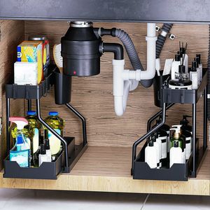 Set di 2 Organizzatori a L a 2 Livelli per Sotto Lavello con 8 Ganci Rimovibili e 2 Portabicchieri Sospesi con Ripiani Scorrevoli - Product Image 1