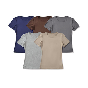 เสื้อโยคะแขนสั้นคอกลมสีพื้นสำหรับผู้หญิง ระบายอากาศได้ดี แห้งเร็ว ไร้ตะเข็บ ผ้ายืดสแปนเด็กซ์ โพลีเอสเตอร์ ทรงเข้ารูป - Product Image 1