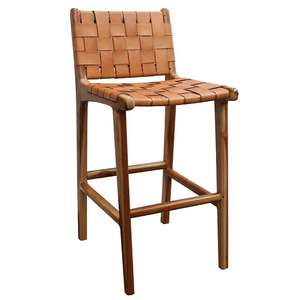 Tabouret de bar confortable en teck massif avec assise en cuir, pour intérieur et extérieur, avec assise et repose-pieds rembourrés, pour usage commercial - Product Image 3