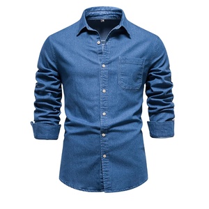 Chemise en jean d'automne à manches longues décontractée pour hommes 100% coton de couleur unie avec approvisionnement ODM à poche unique - Product Image 1