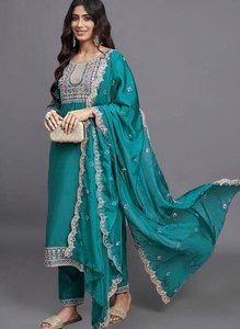 <b>Green</b> <b>Silk</b> Salwar Kameez With Embroidery Floor Length Traditional Party Wear For Women Loose Fit All Seasons - Product Image 6