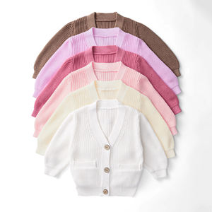 Cárdigan de punto premium para bebé con cuello en V, manga larga, 100% algodón, informal, de otoño, de una sola capa, con bolsillos y botones frontales, de fábrica. - Product Image 6