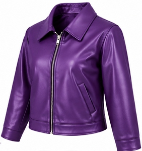 Chaqueta de Cuero Genuino Morada para Mujer, Chaqueta Corta Estilo Motociclista con Cuello Camisero y Cierre de Cremallera - Product Image 4