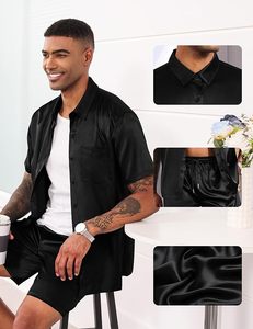 Ensemble de luxe 2 pièces en satin pour homme : chemise à revers et short à manches courtes boutonnées – Idéal pour bal de promo, club et soirée - Product Image 3