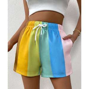 Shorts de Mujer a Rayas Arcoíris de Alta Calidad, Fábrica Auditada por BSCI, Cintura Alta, Cordón Elástico, Shorts Casuales de Verano, OEM Personalizado - Product Image 2